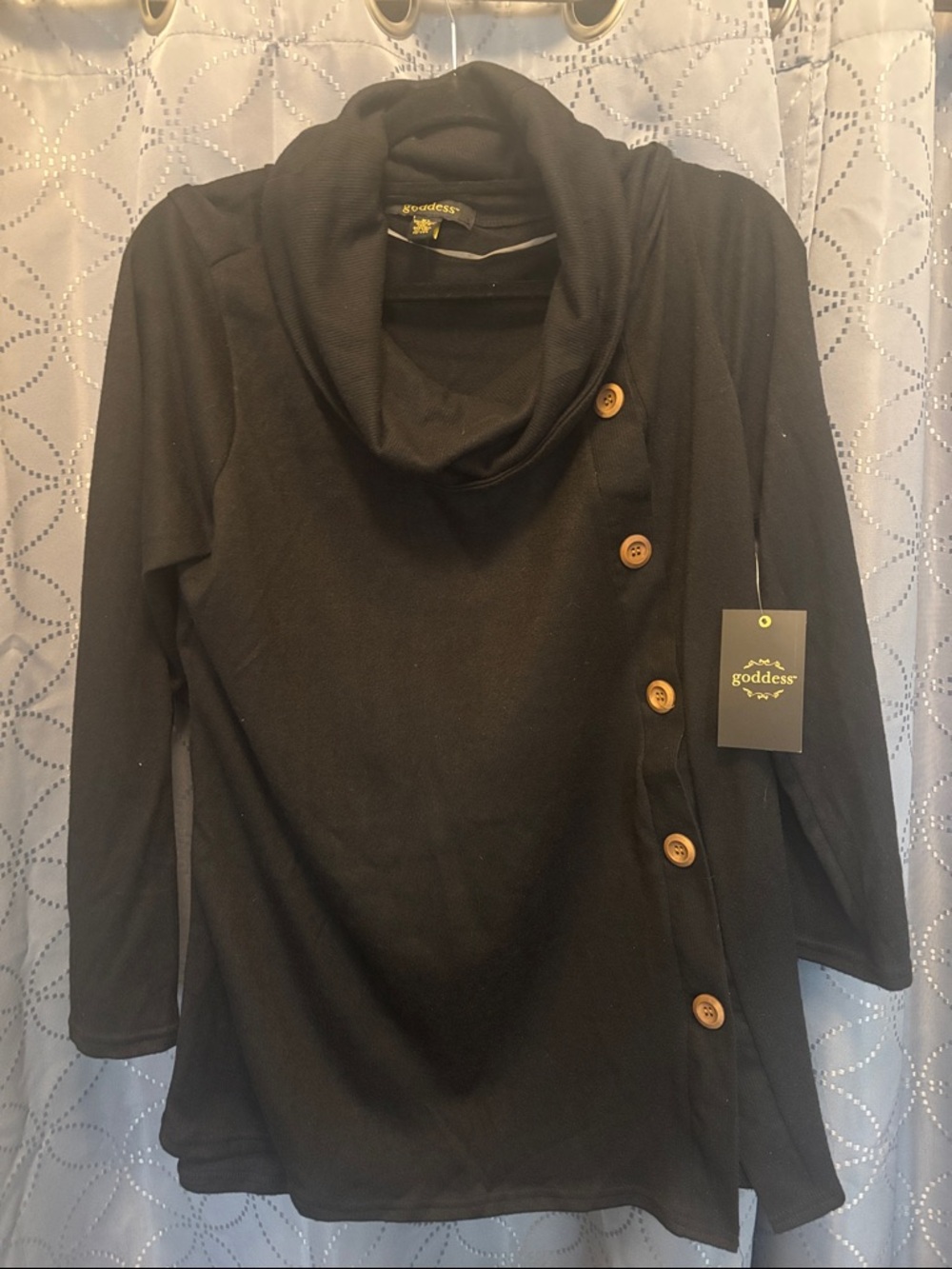 Goddess Black Cowl Neck Tunic with Wooden Button Side Placket